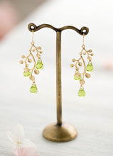 Load image into Gallery viewer, Peridot Green Earrings, Gold Leaf Tree Branch Dangle Earrings, chandelier Earrings, Summer Jewelry, Plant, Nature, August Birthstone
