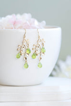 Load image into Gallery viewer, Peridot Green Earrings, Gold Leaf Tree Branch Dangle Earrings, chandelier Earrings, Summer Jewelry, Plant, Nature, August Birthstone
