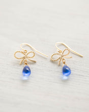 Load image into Gallery viewer, Gold Sapphire Blue Earrings Gold Bow Ribbon Blue Glass Drop Earrings Blue Dangle Earrings September Birthstone Jewelry gift for girlfriend
