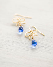 Load image into Gallery viewer, Gold Sapphire Blue Earrings Gold Bow Ribbon Blue Glass Drop Earrings Blue Dangle Earrings September Birthstone Jewelry gift for girlfriend
