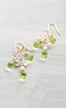 Load image into Gallery viewer, Peridot Green Earrings, Gold Leaf Tree Branch Dangle Earrings, chandelier Earrings, Summer Jewelry, Plant, Nature, August Birthstone
