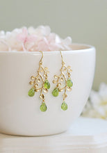 Load image into Gallery viewer, Peridot Green Earrings, Gold Leaf Tree Branch Dangle Earrings, chandelier Earrings, Summer Jewelry, Plant, Nature, August Birthstone
