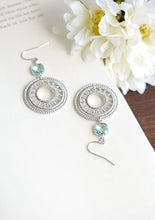 Load image into Gallery viewer, Silver Filigree Hoop Aqua Blue Earrings Round Silver Circle Dangle Earrings Boho Chic Moroccan Earrings Aqua Blue Wedding Bridal Earrings
