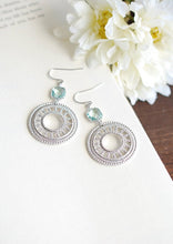 Load image into Gallery viewer, Silver Filigree Hoop Aqua Blue Earrings Round Silver Circle Dangle Earrings Boho Chic Moroccan Earrings Aqua Blue Wedding Bridal Earrings
