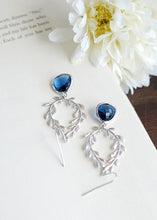 Load image into Gallery viewer, Navy Blue Silver Laurel Wreath Earrings, Sapphire Earrings, Navy Blue Wedding Jewelry, September Birthstone, Bridal Party Bridesmaid Gift
