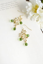 Load image into Gallery viewer, Peridot Green Earrings, Gold Leaf Tree Branch Dangle Earrings, chandelier Earrings, Summer Jewelry, Plant, Nature, August Birthstone
