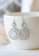 Load image into Gallery viewer, Silver Filigree Hoop Aqua Blue Earrings Round Silver Circle Dangle Earrings Boho Chic Moroccan Earrings Aqua Blue Wedding Bridal Earrings
