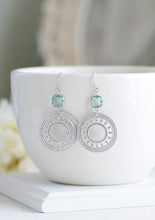 Load image into Gallery viewer, Silver Filigree Hoop Aqua Blue Earrings Round Silver Circle Dangle Earrings Boho Chic Moroccan Earrings Aqua Blue Wedding Bridal Earrings
