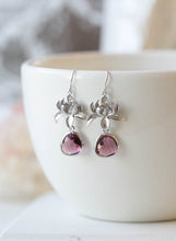 Load image into Gallery viewer, Plum Earrings Silver Lotus Flower Earrings Eggplant Purple Magenta Dangle Earrings Yoga Jewelry Zen Jewelry Plum Wedding Bridesmaid Gift
