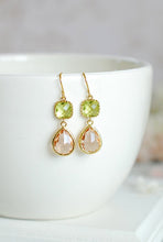 Load image into Gallery viewer, Light Green Peach Champagne Earrings Peridot Green Light Peach Glass Drop Earrings Gold Dangle Earrings Bridesmaid Earrings Wedding Jewelry
