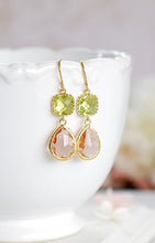 Load image into Gallery viewer, Light Green Peach Champagne Earrings Peridot Green Light Peach Glass Drop Earrings Gold Dangle Earrings Bridesmaid Earrings Wedding Jewelry
