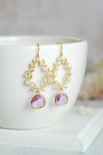 Load image into Gallery viewer, Gold Lavender Earrings Lilac Purple Gold Leaf laurel wreath Earrings Lavender Wedding Jewelry Bridal Earrings Bridal party Bridesmaid gift
