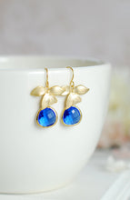 Load image into Gallery viewer, Cobalt Blue Earrings Gold Orchid Flower Sapphire Blue Glass Dangle Earrings Cobalt Blue Wedding Bridal Bridesmaid Gift September Birthstone
