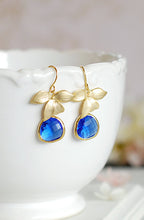 Load image into Gallery viewer, Cobalt Blue Earrings Gold Orchid Flower Sapphire Blue Glass Dangle Earrings Cobalt Blue Wedding Bridal Bridesmaid Gift September Birthstone
