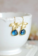 Load image into Gallery viewer, Navy Blue Earrings, Sapphire Blue Earrings with Gold Orchid Flower, Navy Wedding Jewelry, Bridesmaid Earrings, September Birthstone Jewelry
