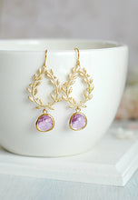 Load image into Gallery viewer, Gold Lavender Earrings Lilac Purple Gold Leaf laurel wreath Earrings Lavender Wedding Jewelry Bridal Earrings Bridal party Bridesmaid gift
