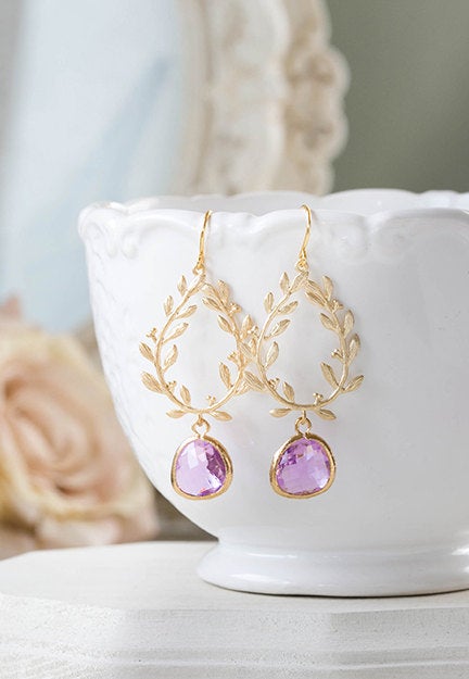 Gold Lavender Earrings Lilac Purple Gold Leaf laurel wreath Earrings Lavender Wedding Jewelry Bridal Earrings Bridal party Bridesmaid gift