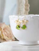 Load image into Gallery viewer, Peridot Green Earrings, August Birthstone Jewelry, August Birthday Gift, Gold Orchid Flower Earrings Green Wedding Earrings, Bridesmaif gift
