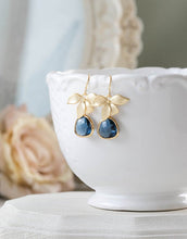 Load image into Gallery viewer, Navy Blue Earrings, Sapphire Blue Earrings with Gold Orchid Flower, Navy Wedding Jewelry, Bridesmaid Earrings, September Birthstone Jewelry
