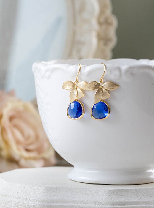 Cobalt Blue Earrings Gold Orchid Flower Sapphire Blue Glass Dangle Earrings Cobalt Blue Wedding Bridal Bridesmaid Gift September Birthstone