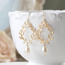 Load image into Gallery viewer, gold olive leaf wreath cream white teardrop pearls earrings
