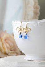 Load image into Gallery viewer, Gold Sapphire Blue Earrings Gold Bow Ribbon Blue Glass Drop Earrings Blue Dangle Earrings September Birthstone Jewelry gift for girlfriend
