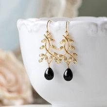 Load image into Gallery viewer, gold leaf branch earrings with black teardrop pearls
