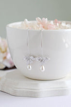 Load image into Gallery viewer, Silver Orchid Flower Cream White Teardrop Pearls Earrings. Bridal Earrings.
