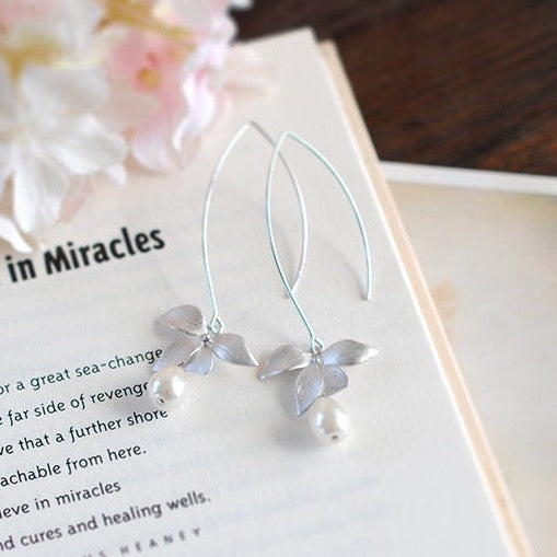 silver orchid flower cream white teardrop pearl earrings