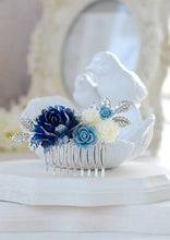 Load image into Gallery viewer, Silver Bridal Hair Comb Navy Blue Wedding Hairpiece Dark Blue Dusky Blue Ivory Rose Flower Silver Leaf Branch Comb Bridesmaid Gift
