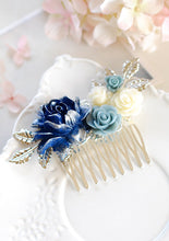 Load image into Gallery viewer, Silver Bridal Hair Comb Navy Blue Wedding Hairpiece Dark Blue Dusky Blue Ivory Rose Flower Silver Leaf Branch Comb Bridesmaid Gift
