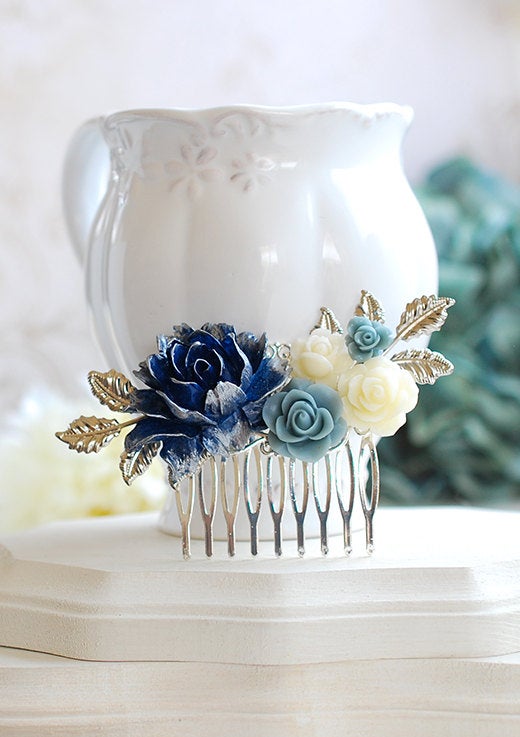 Silver Bridal Hair Comb Navy Blue Wedding Hairpiece Dark Blue Dusky Blue Ivory Rose Flower Silver Leaf Branch Comb Bridesmaid Gift