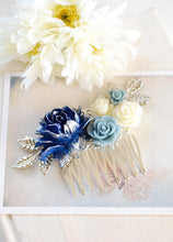 Load image into Gallery viewer, Silver Bridal Hair Comb Navy Blue Wedding Hairpiece Dark Blue Dusky Blue Ivory Rose Flower Silver Leaf Branch Comb Bridesmaid Gift
