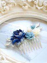 Load image into Gallery viewer, Silver Bridal Hair Comb Navy Blue Wedding Hairpiece Dark Blue Dusky Blue Ivory Rose Flower Silver Leaf Branch Comb Bridesmaid Gift
