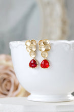 Load image into Gallery viewer, Red and Gold Earrings Ruby Red Matte Gold Bubble Post Earrings Siam Glass Crystal Dangle Earrings Drop Earrings July Birthstone Red Wedding
