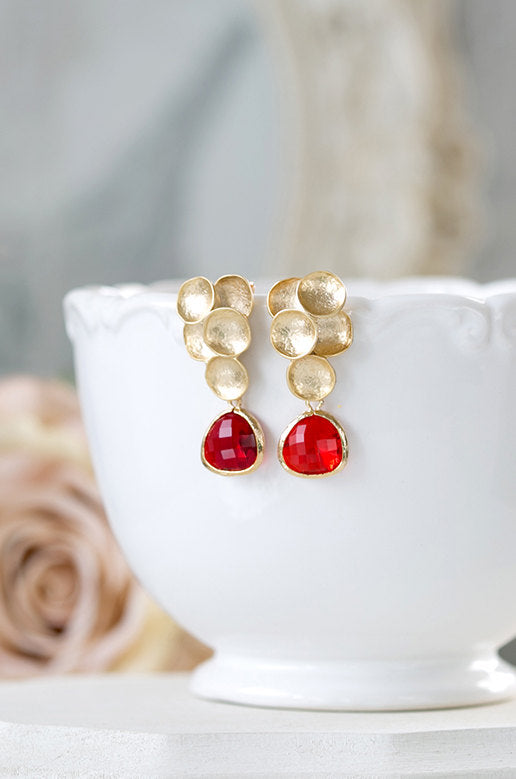 Red and Gold Earrings Ruby Red Matte Gold Bubble Post Earrings Siam Glass Crystal Dangle Earrings Drop Earrings July Birthstone Red Wedding