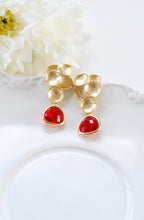 Load image into Gallery viewer, Red and Gold Earrings Ruby Red Matte Gold Bubble Post Earrings Siam Glass Crystal Dangle Earrings Drop Earrings July Birthstone Red Wedding
