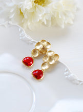 Load image into Gallery viewer, Red and Gold Earrings Ruby Red Matte Gold Bubble Post Earrings Siam Glass Crystal Dangle Earrings Drop Earrings July Birthstone Red Wedding
