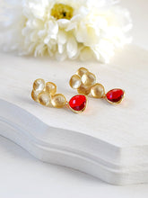 Load image into Gallery viewer, Red and Gold Earrings Ruby Red Matte Gold Bubble Post Earrings Siam Glass Crystal Dangle Earrings Drop Earrings July Birthstone Red Wedding
