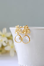 Load image into Gallery viewer, Clear Crystal Earrings Gold Lilac Flower Blossom Sterling Silver Post Earrings Flower Dangle Earrings Drop Earrings Wedding Bridal Earrings
