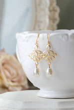 Load image into Gallery viewer, Ivory Pearl bridal Earrings White Pearl Cream Pearl Wedding Earrings Bridesmaid Earrings Gold Peacock Feather Filigree Dangle Earrings
