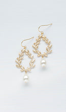 Load image into Gallery viewer, Gold Olive Leaf Wreath Cream white Pearls Earrings. Bridal Earrings. Bridesmaid Earrings
