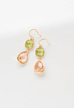 Load image into Gallery viewer, Light Green Peach Champagne Earrings Peridot Green Light Peach Glass Drop Earrings Gold Dangle Earrings Bridesmaid Earrings Wedding Jewelry
