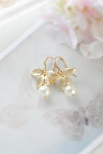 Load image into Gallery viewer, Gold Orchid Flower Round Cream White Pearl Bridal Earrings Wedding Earrings Bridesmaid Earrings Bridal Party Gift Bridesmaid Gift
