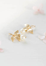 Load image into Gallery viewer, Gold Orchid Flower Round Cream White Pearl Bridal Earrings Wedding Earrings Bridesmaid Earrings Bridal Party Gift Bridesmaid Gift
