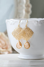 Load image into Gallery viewer, Peach Glass Teardrop Gold Filigree Dangle Earrings Chandelier Earrings Peach Champagne Wedding Jewelry Bridesmaid gift valentines day gift
