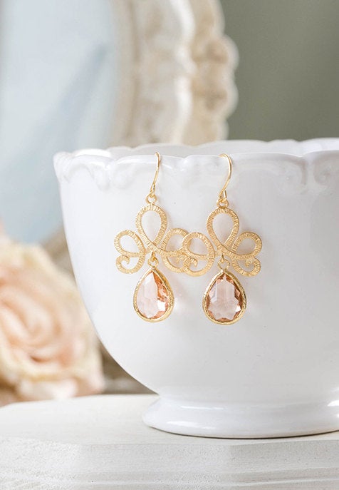 Peach Dangle Earrings Matte Gold Textured Swirly Filigree Peach Champagne Teardrop Glass Earrings Peach Wedding Jewelry Bridesmaid Gift