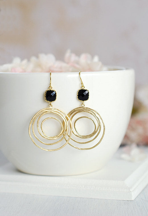 Gold and Black Earrings Gold Hoop Earrings Gold Circle Earrings Boho Chic Bohemian Loop dangle Earrings Black Glass Earrings Black Wedding