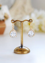 Load image into Gallery viewer, Large Gold Teardrop White Crystal Cubic Zirconia Earrings Wedding Earrings Bridal Earrings Bridesmaid Earrings Bridesmaid Gift Maid of Honor
