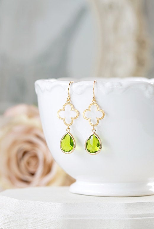 Peridot Green Earrings, August Birthstone Jewelry, August Birthday Gift, Clover Shamrock Earrings, St. Patrick's Day Jewelry